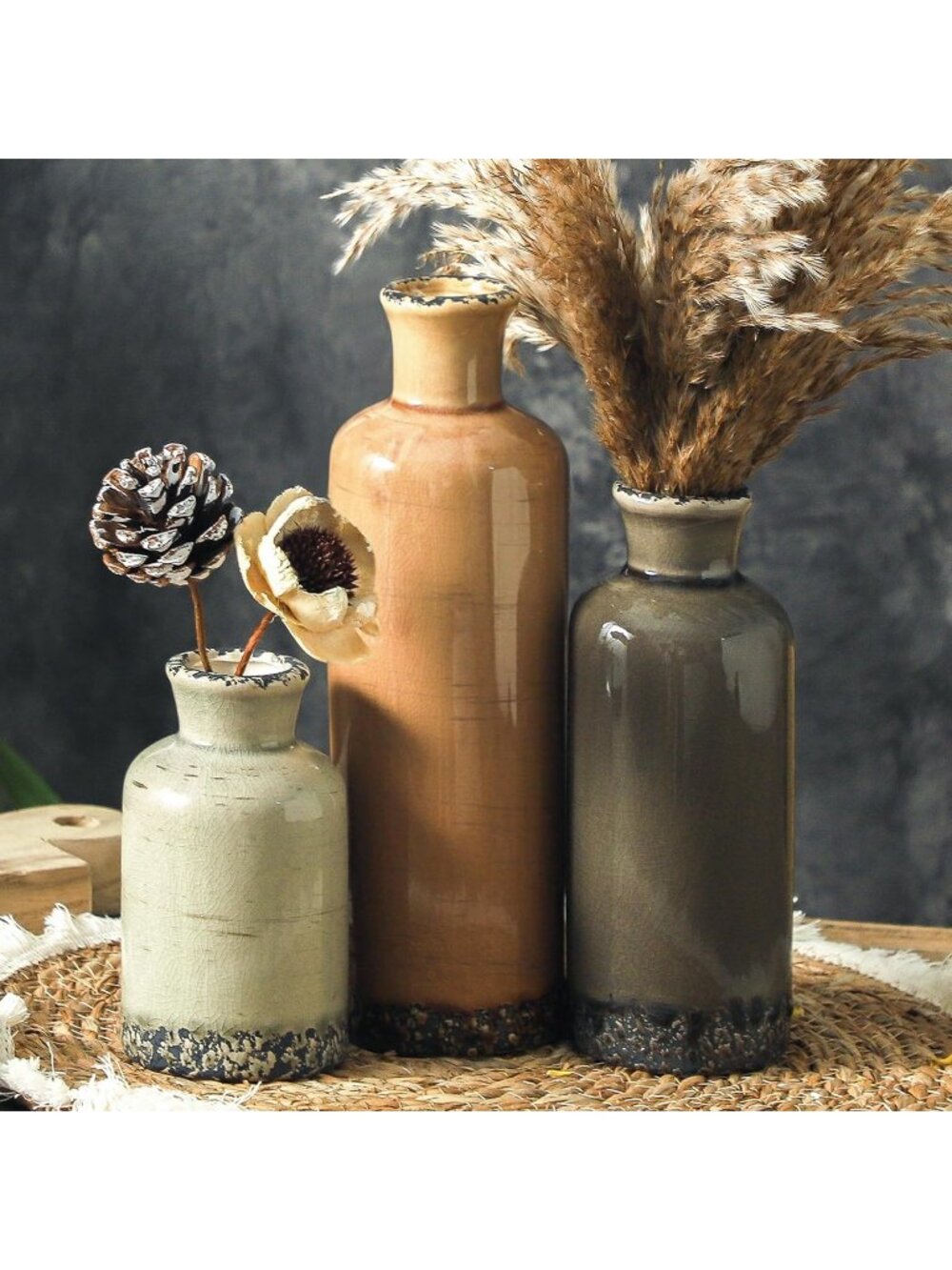 Ceramic Flower Vase Set of 3 Modern Pottery Rustic Farmhouse Living Room Decor